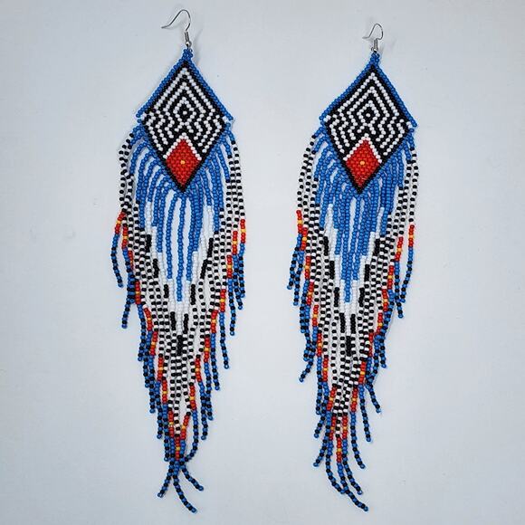 Wild Macaw Blue Boho Beaded Fringe Earrings - Picture 1 of 5